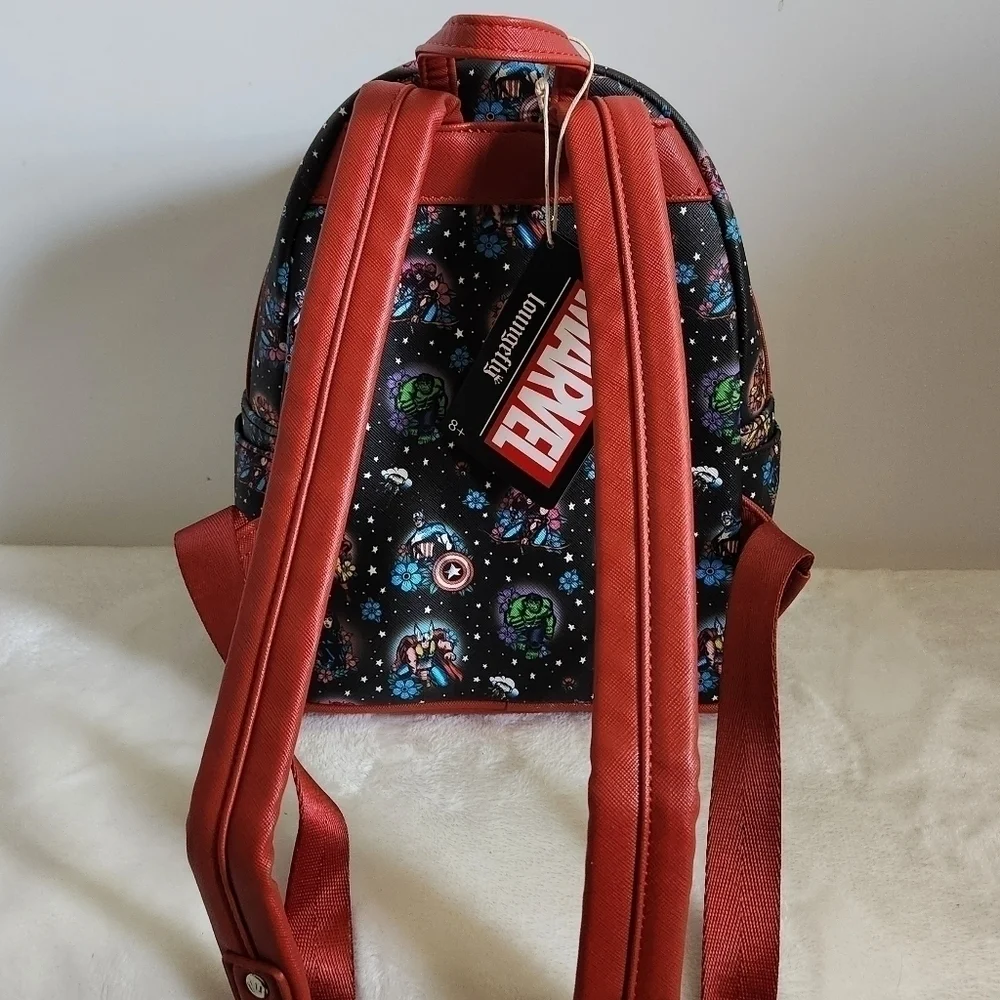 Loungefly Marvel Avengers Tattoo Floral Black Red Mini Backpack NWT